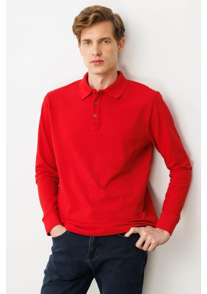 Erkek Polo Yaka Sweatshirt Kırmızı fırsatları