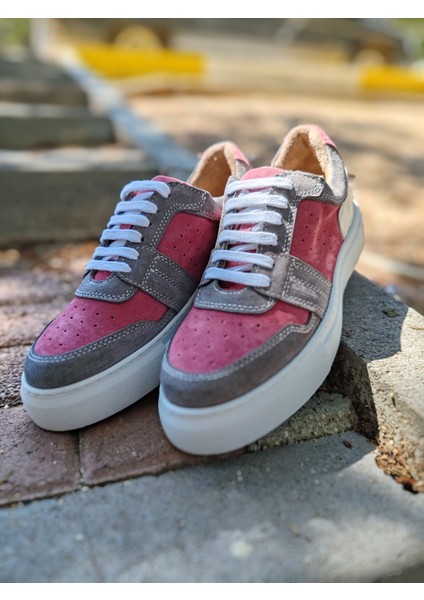 5036-GÜL Kurusu Süet Delikli Deri Kadın Sneaker