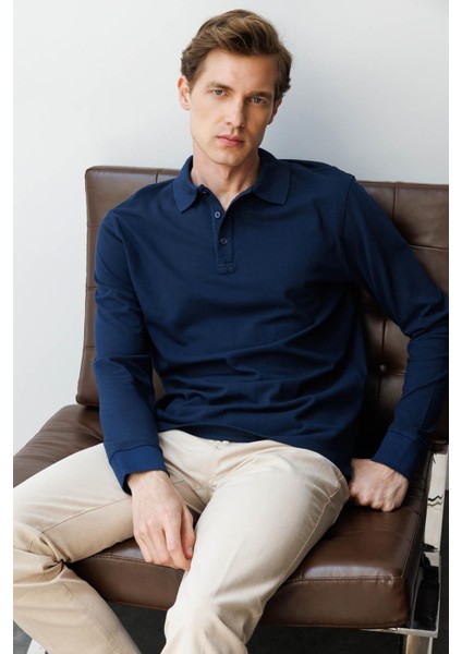 Erkek Polo Yaka Sweatshirt Lacivert