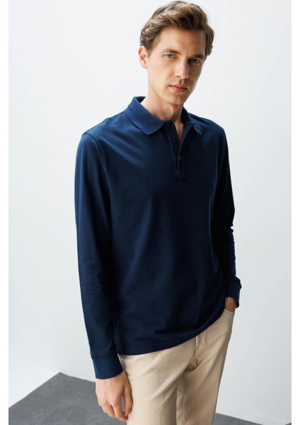 Erkek Polo Yaka Sweatshirt Lacivert