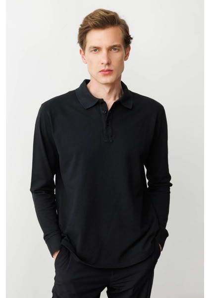Erkek Polo Yaka Sweatshirt Siyah