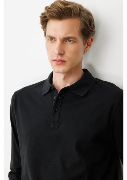 Erkek Polo Yaka Sweatshirt Siyah