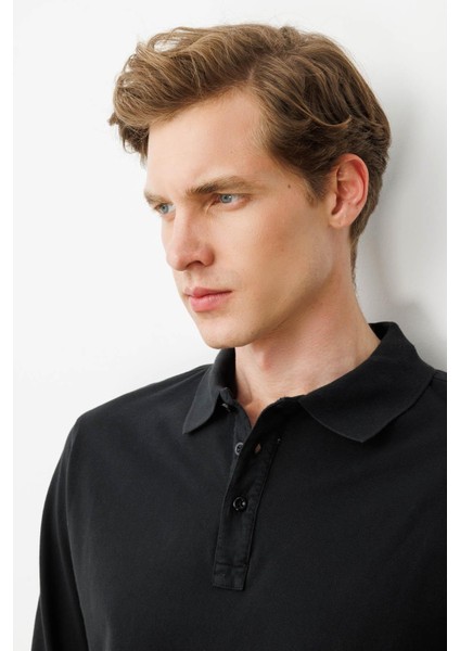 Erkek Polo Yaka Sweatshirt Siyah