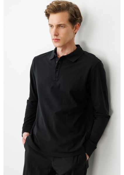 Erkek Polo Yaka Sweatshirt Siyah