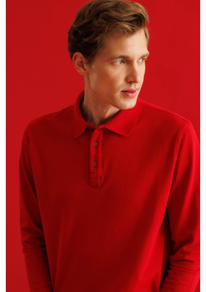 Erkek Polo Yaka Sweatshirt Kırmızı