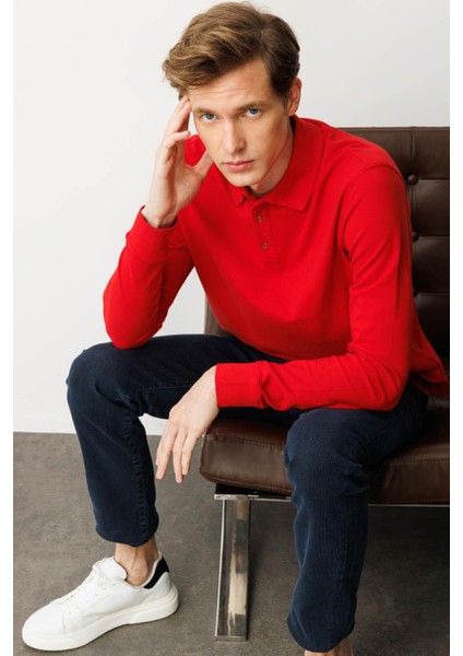 Erkek Polo Yaka Sweatshirt Kırmızı