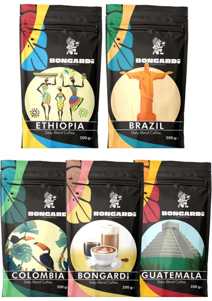 5x200g Brezilya Etiyopya Colombia Guatemala Intense Blend Espresso ve Filtre Kahve Seti