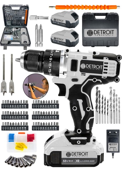 Powertools Usa Darbeli Matkap 58 V 5AH Çift Akülü Şarjlı Matkap 84 Parça Set Hediyeli Dfl Series