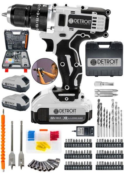 Powertools Usa Darbeli Matkap 58 V 5AH Çift Akülü Şarjlı Matkap 84 Parça Set Hediyeli Dfl Series