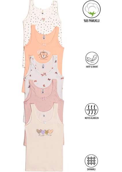 Underwear Özkan 41600 5'li Paket Kız Çocuk Karışık Renkli Desenli Pamuklu Yumuşak Rahat Kalın Askılı Atlet