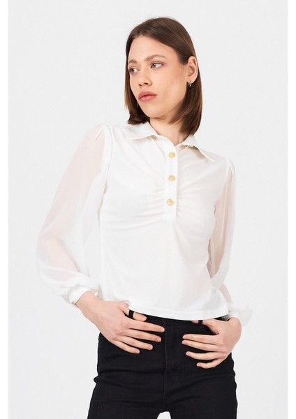 Beyaz Şifon Kollu Gömlek Yaka Bluz 9478