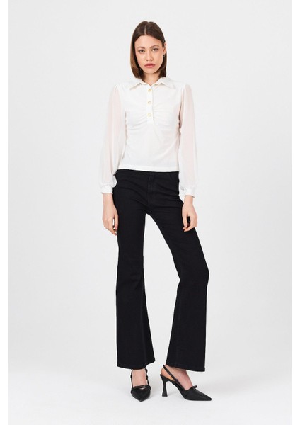 Beyaz Şifon Kollu Gömlek Yaka Bluz 9478 modelleri