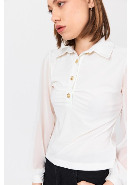 Beyaz Şifon Kollu Gömlek Yaka Bluz 9478 fırsatları