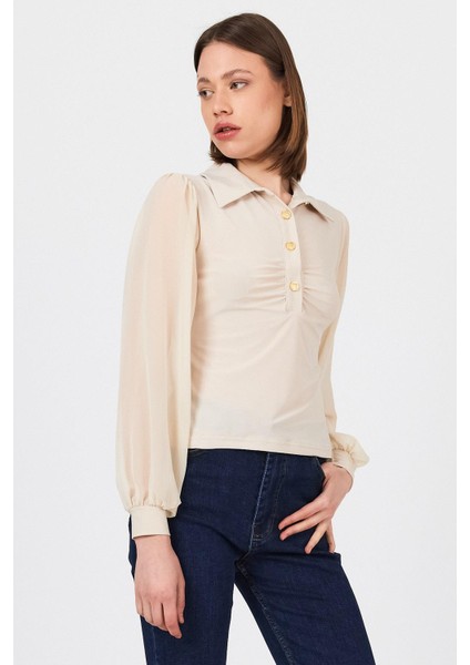 Bej Şifon Kollu Gömlek Yaka Bluz 9478