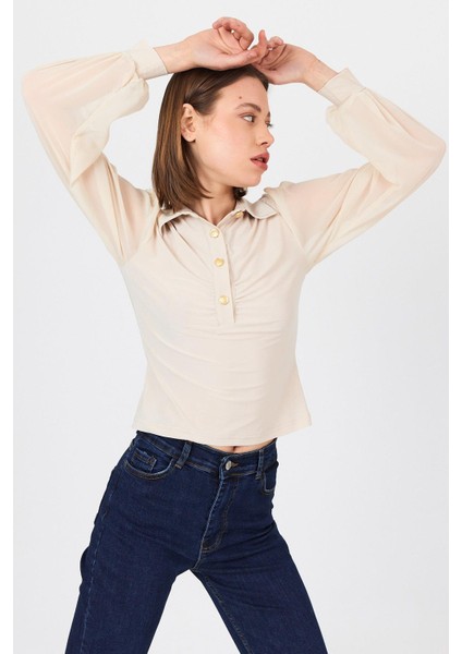 Bej Şifon Kollu Gömlek Yaka Bluz 9478 fiyatları