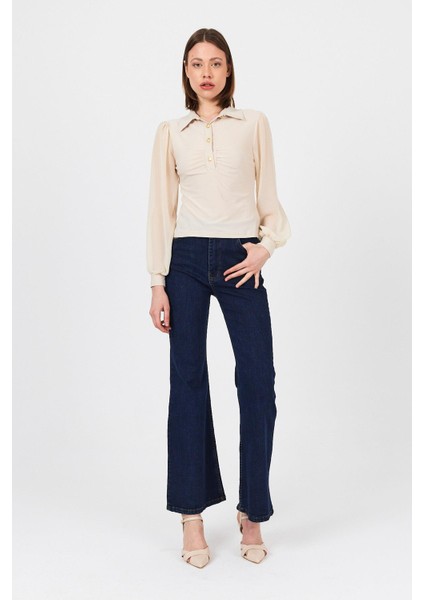 Bej Şifon Kollu Gömlek Yaka Bluz 9478 modelleri