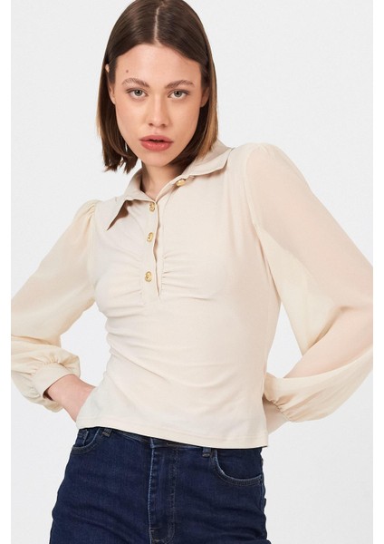 Bej Şifon Kollu Gömlek Yaka Bluz 9478 fırsatları
