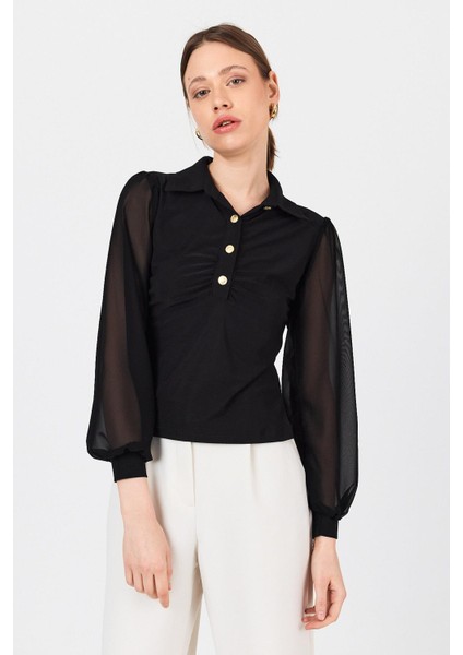 Siyah Şifon Kollu Gömlek Yaka Düğmeli Bluz 9478