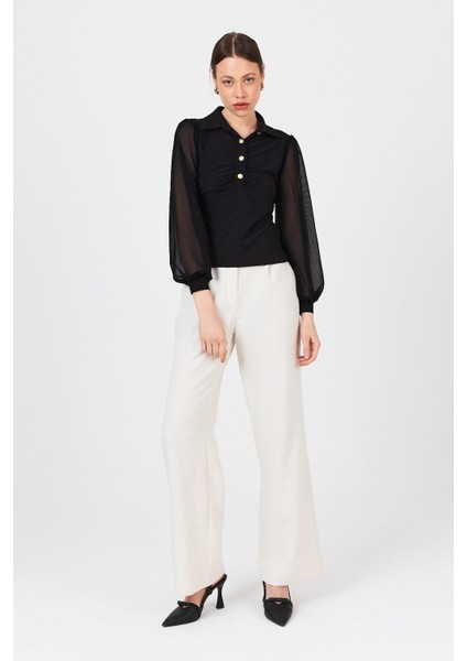 Siyah Şifon Kollu Gömlek Yaka Düğmeli Bluz 9478 fiyatları