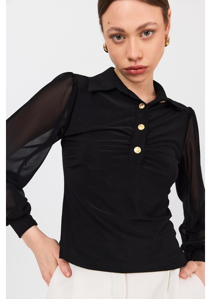 Siyah Şifon Kollu Gömlek Yaka Düğmeli Bluz 9478 modelleri
