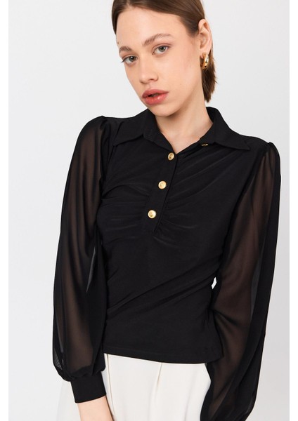 Siyah Şifon Kollu Gömlek Yaka Düğmeli Bluz 9478 fırsatları