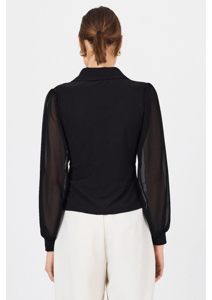 Siyah Şifon Kollu Gömlek Yaka Düğmeli Bluz 9478 indirimleri