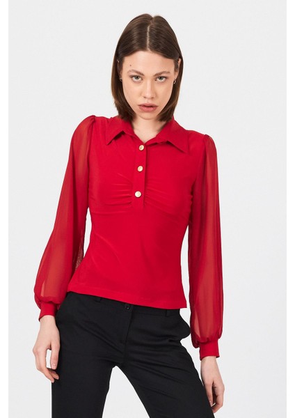 Kırmızı Şifon Kollu Gömlek Yaka Bluz 9478