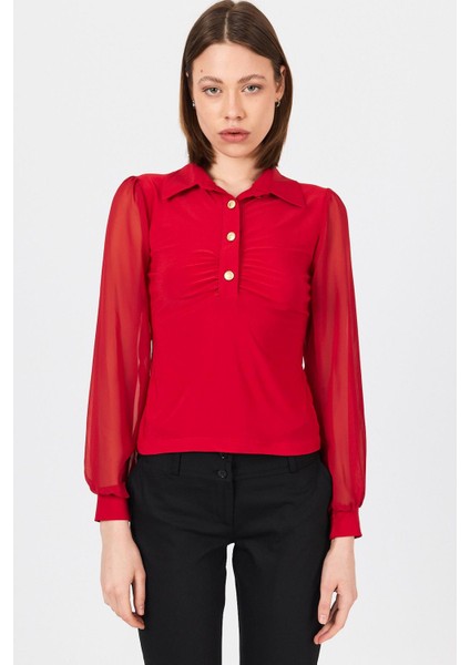 Kırmızı Şifon Kollu Gömlek Yaka Bluz 9478 fiyatları