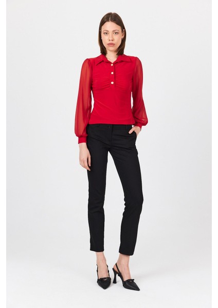 Kırmızı Şifon Kollu Gömlek Yaka Bluz 9478 modelleri