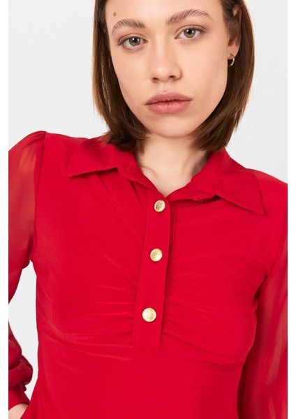 Kırmızı Şifon Kollu Gömlek Yaka Bluz 9478 fırsatları