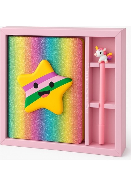 -Unick Color Elegans Puffy Yıldız Simli Hatıra Defteri ve Unicorn Kalem Seti