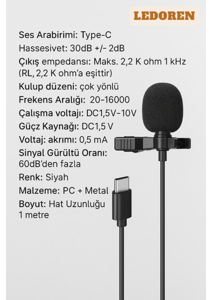 Cep Telefonu Mini Klipsli Mikrofon Type-C Uyumlu Kablo Uçlu Yaka Mikrofonu Samsung Ios Huawei Lg