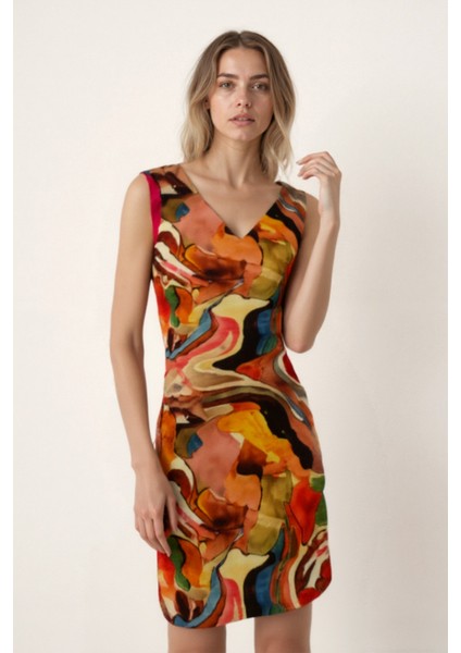 Kendinden Desenli Çift V Yaka Elbise