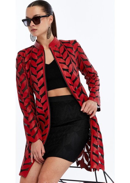 Kadın Hakiki Deri Yaprak Desenli Uzun Ceket