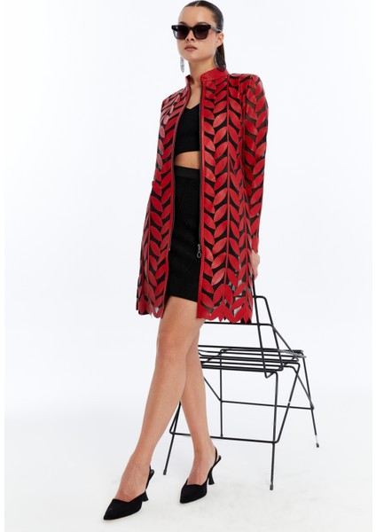 Kadın Hakiki Deri Yaprak Desenli Uzun Ceket fiyatları