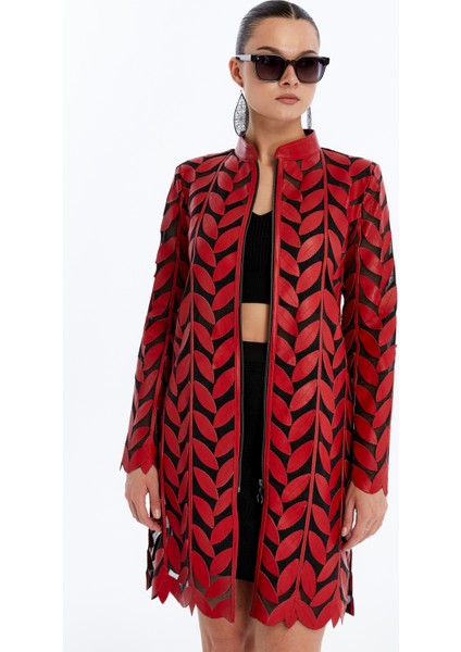 Kadın Hakiki Deri Yaprak Desenli Uzun Ceket modelleri