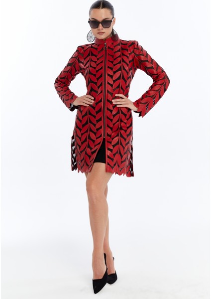 Kadın Hakiki Deri Yaprak Desenli Uzun Ceket fırsatları