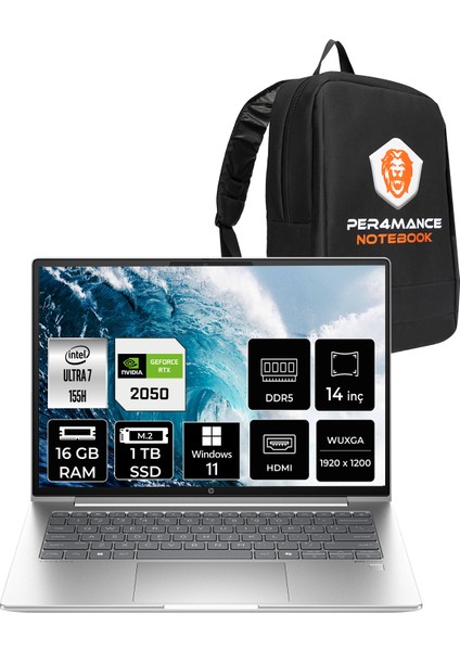 Probook 440 G11 Intel Core Ultra 7 155H 16GB 1tb SSD RTX2050/4GB 14" Fhd+ Windows 11 Pro Taşınabilir Bilgisayar & Per4 Çanta 9Y7C4ETPN348