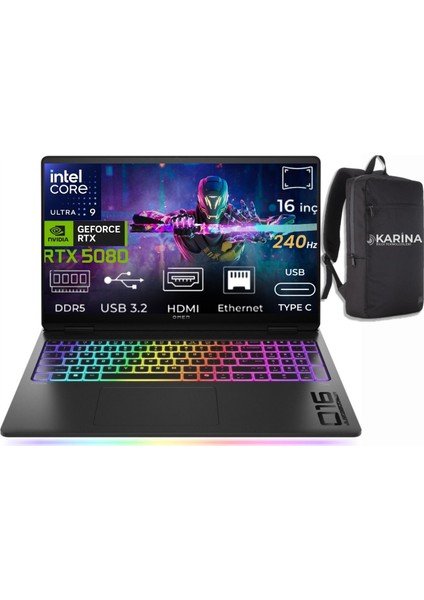Omen Max 16-AH0023NT Ultra 9 275HX B92QYEA-21 48GB 1tb+1tb RTX5080 16GB Freedos 16" Wqxga Gaming Laptop