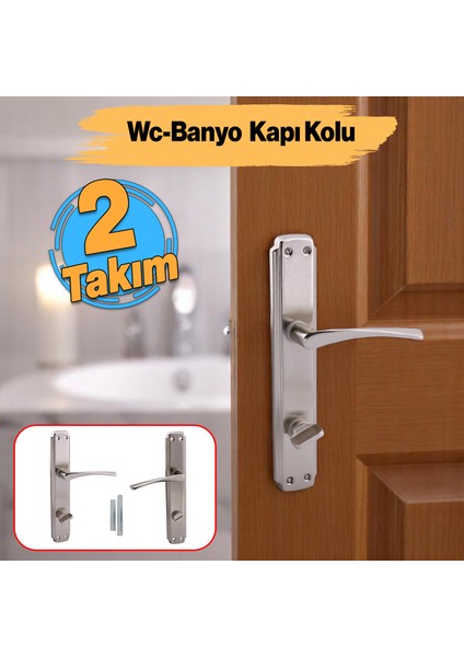 Kilitlenebilir Wc Banyo Kapı Kolu (2 Takım) Nikel Inox Aynalı Sağa Sola Uygun Iç Dış Tuvalet Kapısı