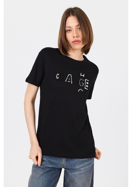 Siyah Change Yazı Kabartmalı Tişört 25227