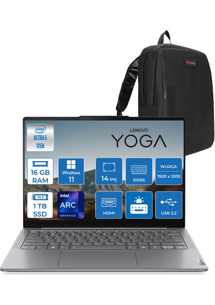 Yoga Slim 7 14IMH9 Ultra 5 125H 16GB LPDDR5X 1tb 14" Wuxga (1920X1200) OLED 400NITS Intel Arc Graphics Windows 11 Pro Taşınabilir Bilgisayar YS14IMH9P02 + Zettaçanta