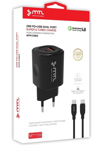 Samsung Galaxy A70 Uyumlu Pd Type-C To Type-C ve USB Çift Giriş 25W Şarj Seti MT1725