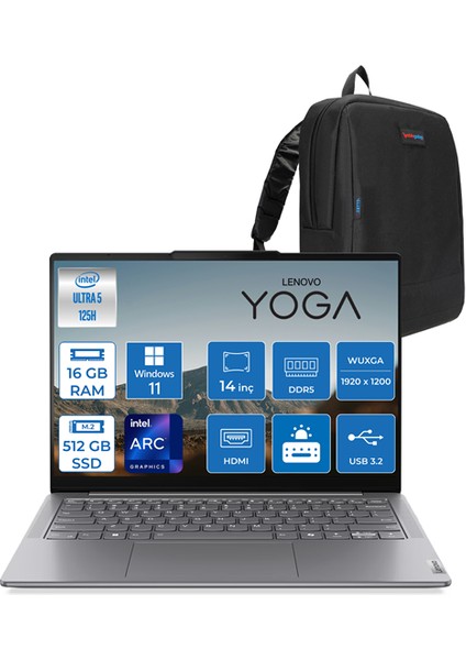 Yoga Slim 7 14IMH9 Ultra 5 125H 16GB LPDDR5X 512GB 14" Wuxga (1920X1200) OLED 400NITS Intel Arc Graphics Windows 11 Pro Taşınabilir Bilgisayar YS14IMH9P01 + Zettaçanta