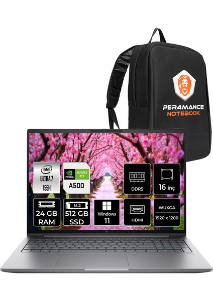 ZBook Power G11 Intel Core Ultra 7 155H 24GB 512GB SSD RTX500A/4GB 16" FHD+ W11P Taşınabilir İş İstasyonu & PER4 Çanta 8T0U1EAPN352