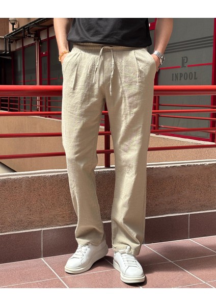 Erkek, Bel lastikli, Geniş kesim, Keten dokuma, pamuklu, pileli pantolon 302