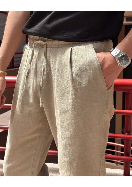 Erkek, Bel lastikli, Geniş kesim, Keten dokuma, pamuklu, pileli pantolon 302 modelleri