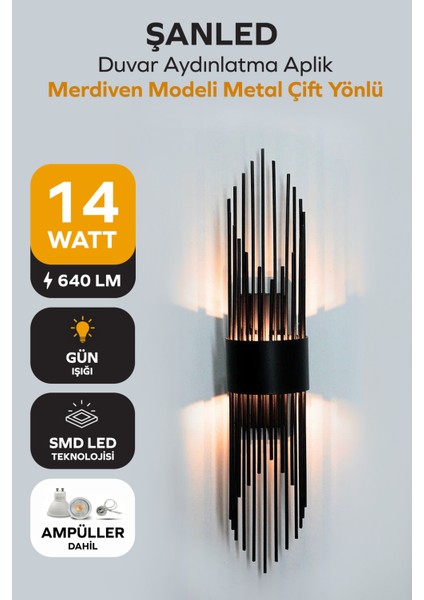 Merdiven Modeli Metal Çift Yönlü Beyaz-Günışığı-Amber Siyah Kasa Duvar Aydınlatma Aplik