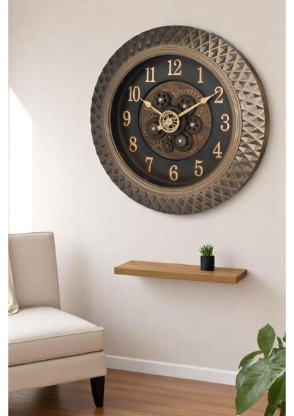 Premium Serisi Antik Eskitme Space Kadranlı Döner Çarklı Ev ve Ofis Duvar Saati Kabartma Rakamlı 45 cm Bronz