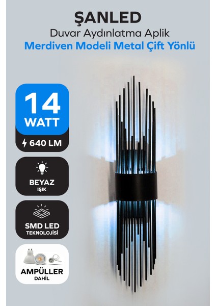 Merdiven Modeli Metal Çift Yönlü Beyaz-Günışığı-Amber Siyah Kasa Duvar Aydınlatma Aplik